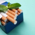 A pack of cigarettes with mint leaves on top against a blue background