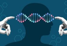 Hidden Enzyme Key to Reversing Alzheimer’s Unveiled Illustration of a human head with DNA strands and hands reaching towards it