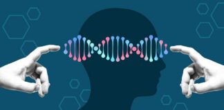 Illustration of a human head with DNA strands and hands reaching towards it