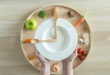 Hara Hachi Bu: The Eating Rule America Forgot Hands holding a white plate surrounded by fresh vegetables and an egg