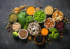 An assortment of legumes, nuts, and fresh vegetables arranged in bowls on a dark surface