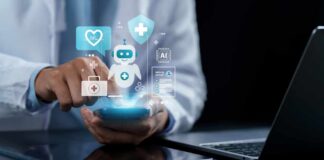 Healthcare professional interacting with a smartphone displaying health-related icons