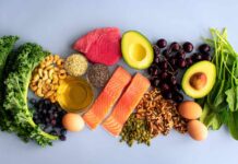 Avocado Consumption and Risk of Cardiovascular Disease An assortment of healthy foods including fish, nuts, fruits, and vegetables arranged on a light background