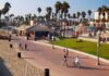 The Effect of Cycling on Cognitive Health People walking and biking along a beach promenade with palm trees