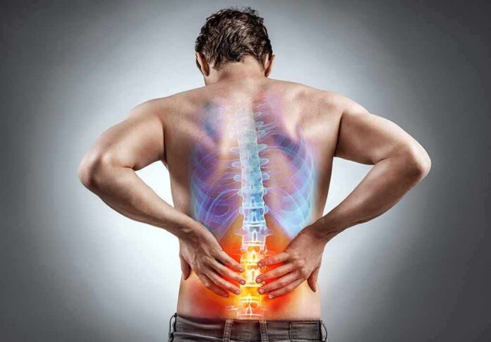 shutterstock_732789853 Man holding lower back with highlighted spine illustration