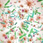 Gut Bugs Blamed For Skin Flares Colorful microscopic bacteria and viruses floating in space