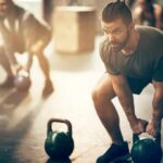 Man lifting a kettlebell in a gym