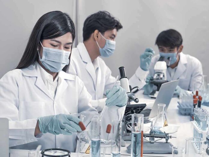 shutterstock_1910778964 Scientists in lab coats working with test tubes and microscopes