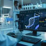Scientist analyzing DNA model on computer in laboratory