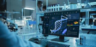 Scientist analyzing DNA model on computer in laboratory