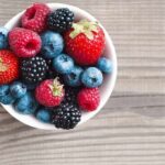 Bowl of mixed berries on wooden table