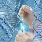 Gloved hands pipetting liquid into a test tube amid DNA helix graphics