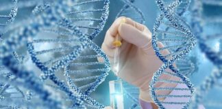 Gloved hands pipetting liquid into a test tube amid DNA helix graphics