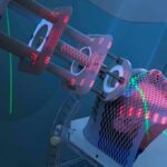 Patient undergoing head radiotherapy with laser alignment and immobilization mask