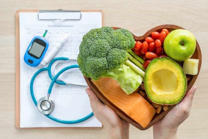 shutterstock_1517753438 Heart-shaped bowl of healthy foods with medical tools