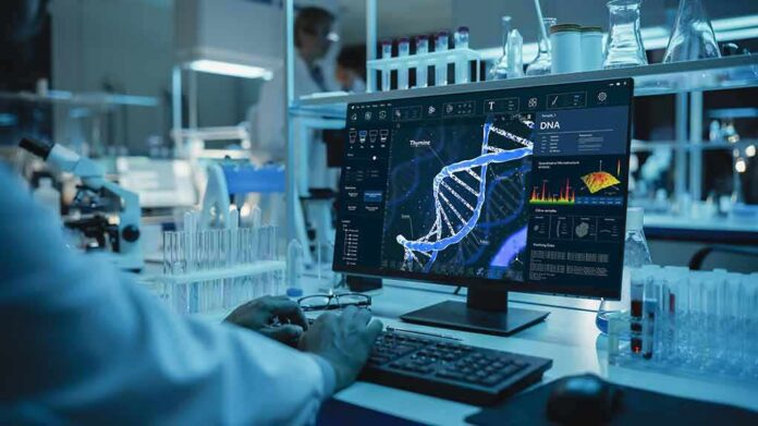 shutterstock_1946049973-2 Scientist analyzing DNA model on computer in laboratory