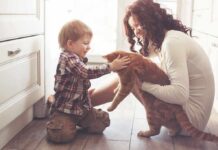 The Pet Bond Trap Exposed toddler petting orange cat held by woman on kitchen floor