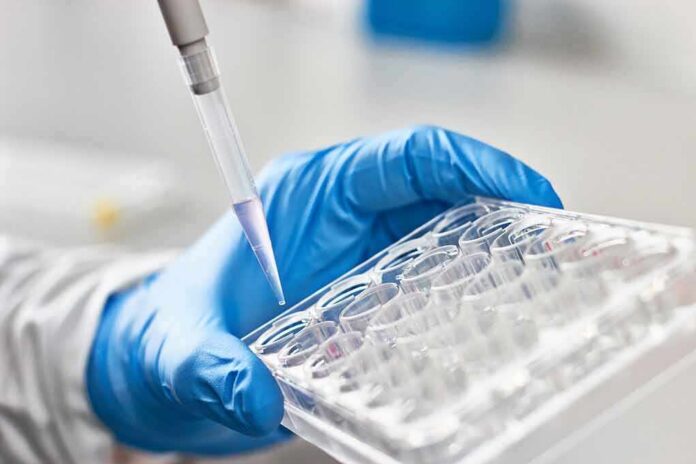 Gloved hand holding a multiwell plate as a pipette dispenses liquid