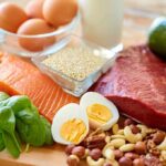 Assorted protein-rich foods on a wooden board