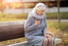 Silent Heart Failure Warning Signs Older woman on park bench holding chest
