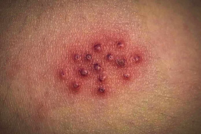 cluster of red pustules on irritated skin