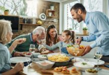 Family gathered around a dining table sharing a meal