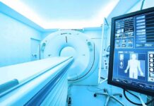 Sleep Apnea’s Muscle Trap MRI or CT scanner with control monitor in hospital room