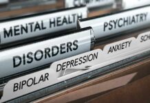 File drawer with tabs labeled for mental health disorders