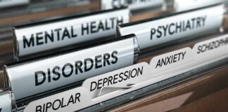 File drawer with tabs labeled for mental health disorders